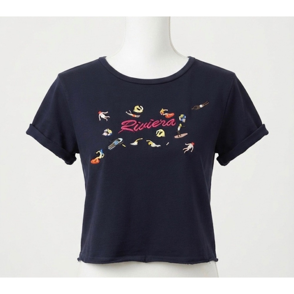 Maeve Anthropologie Riviera Navy‎ Blue Graphic T-Shirt Sz L Embroidered Cotton